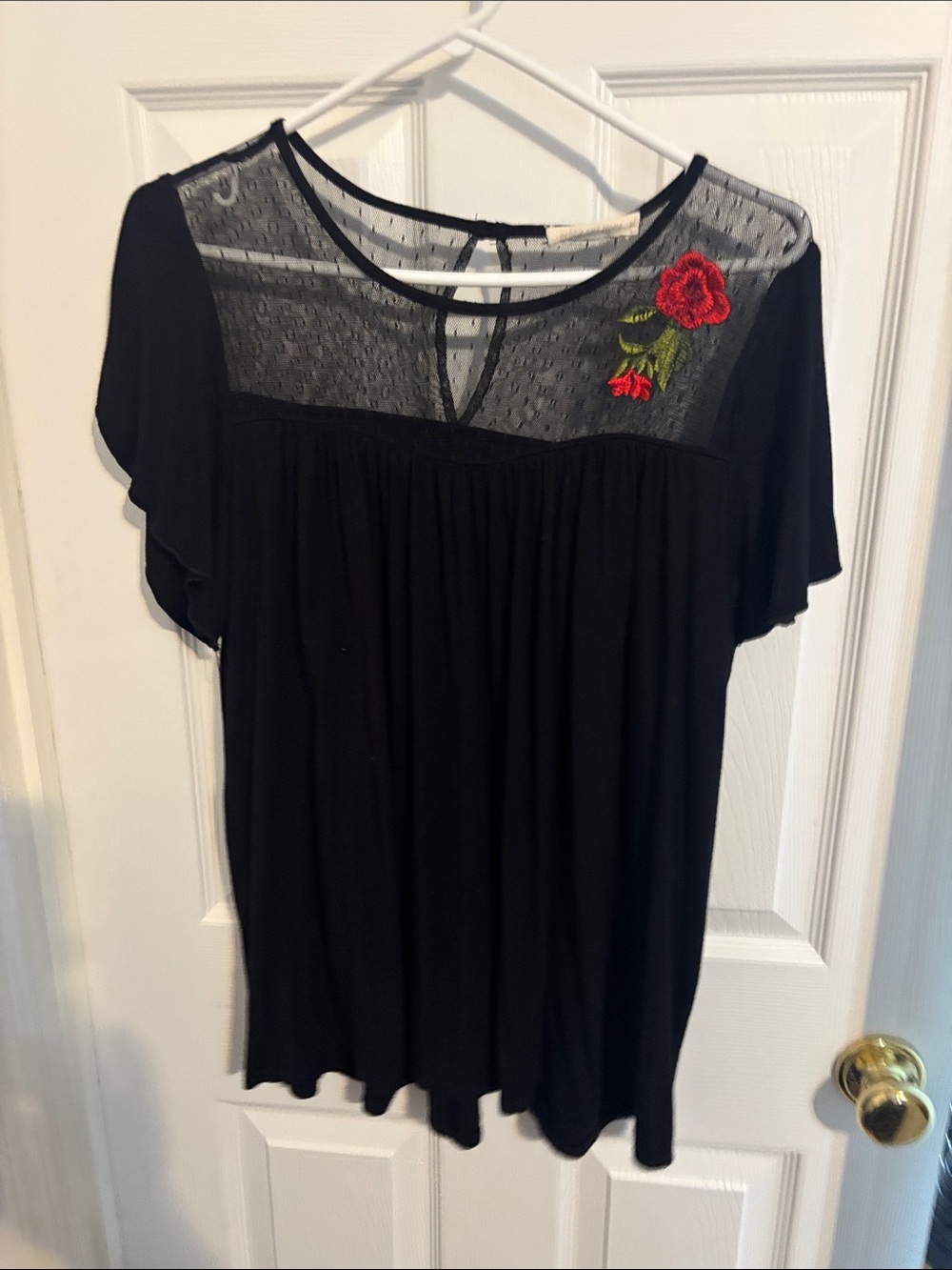 Black Women’s Flutter Sleeve Top with Red Floral Embroidery